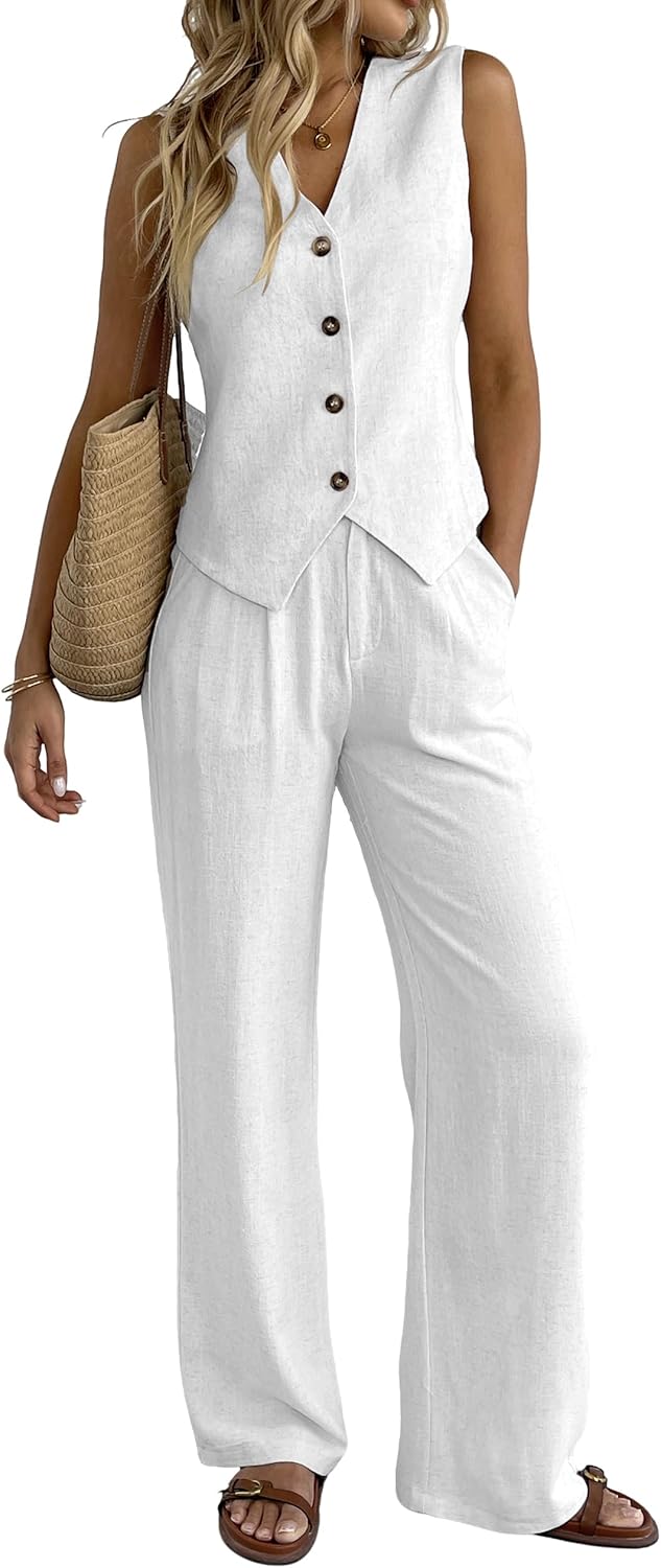 Women's Linen 2 Piece Outfits Summer Vest Suit Sets Wide Leg Pants Business Casual Vacation Work Sets