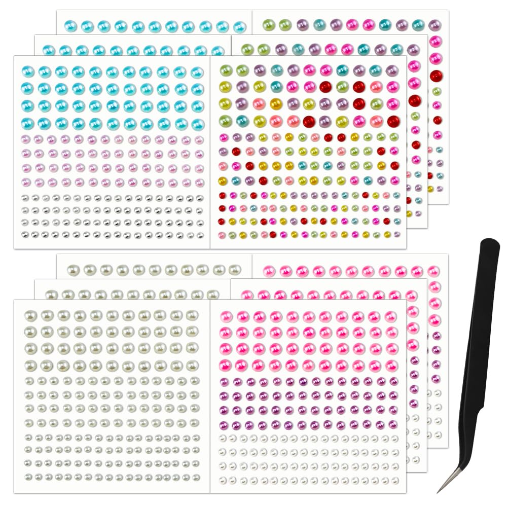 2064 Pcs Pearls for Crafts, Self Adhesive Pearl Stickers 4 Colors 12 Sheets Hair Pearl Stick On for Craft Making