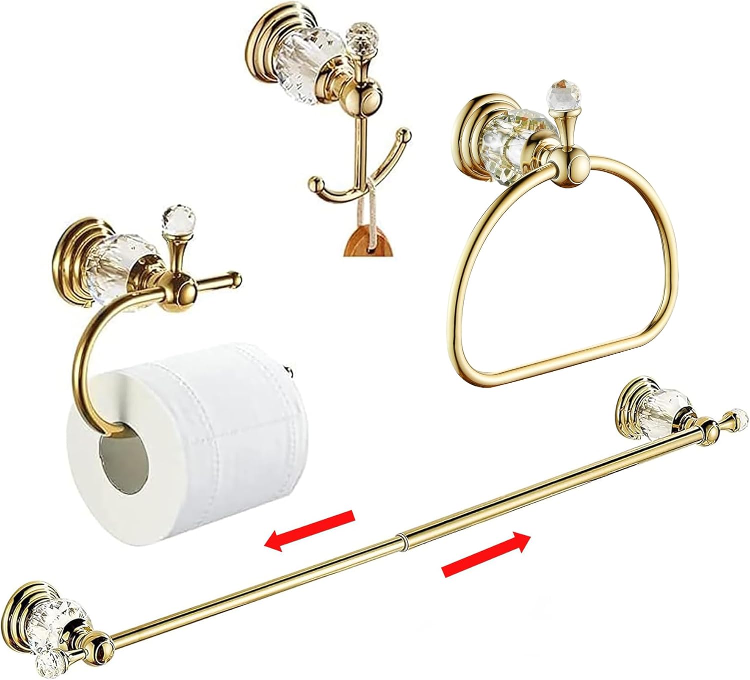 Gold Towel Bar Set Toilet Paper Holder Towel Ring Coat Hooks Shinny Bathroom Hardware Wall Mounted 4 Pieces with Crystal Ball Base Bathroom Accessories