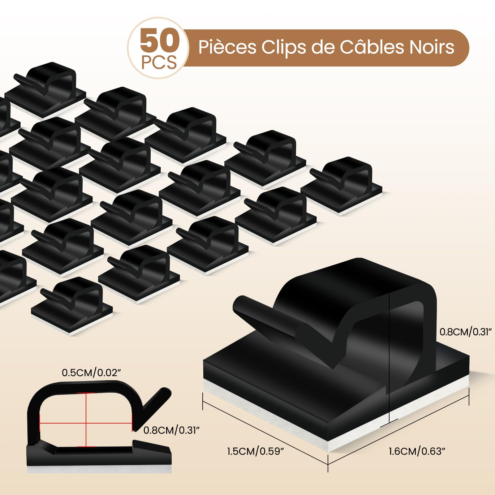50 Pièces Attache Cable Adhésif, Clip Cable et Accroche Cable – Supports Gestion des Fils et Câbles Électriques, Noire