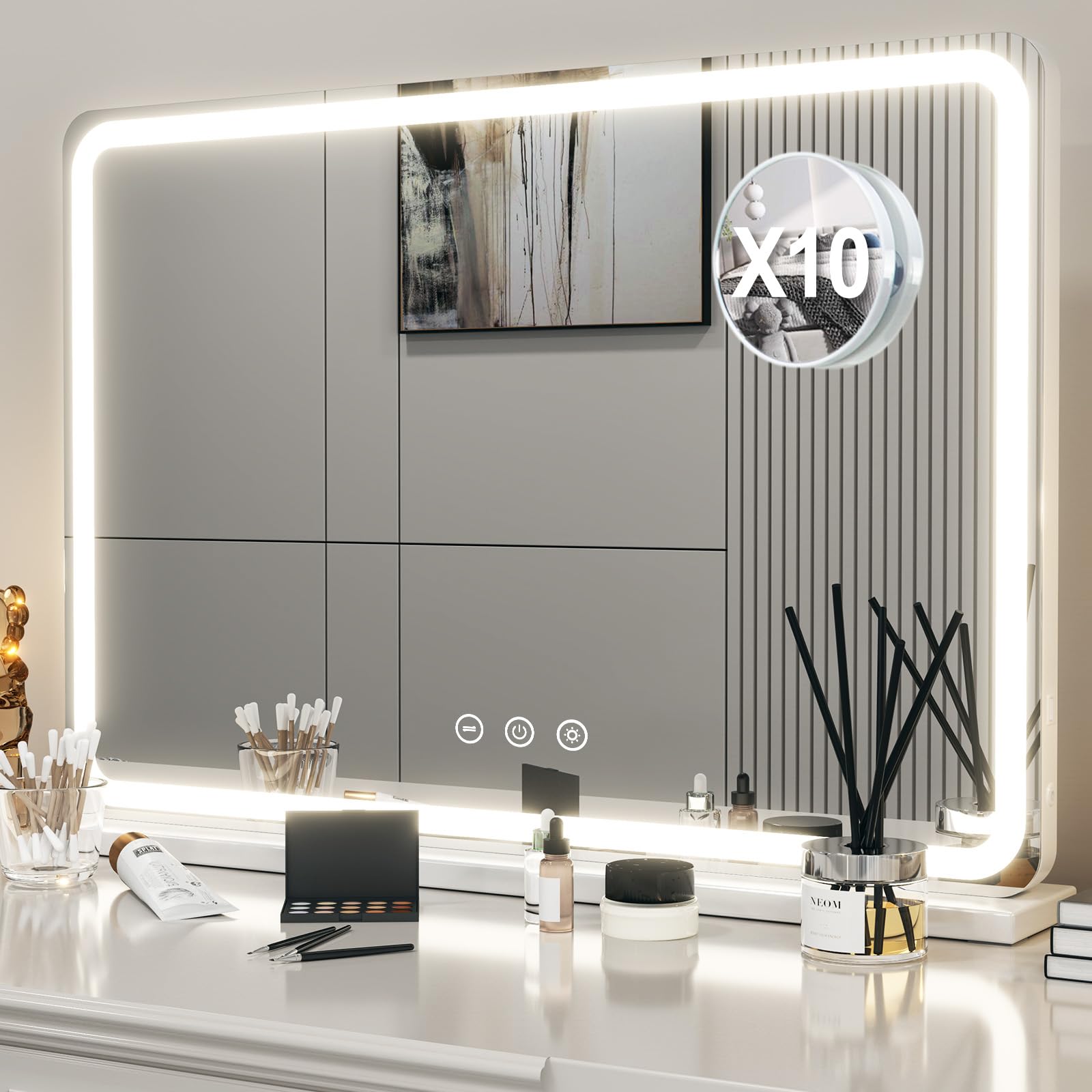 Hollywood Schminkspiegel mit Beleuchtung, Hollywood Spiegel mit 3 Farbtemperaturen, Groß Schminkspiegel mit Touchscreen-Steuerung und USB Für Makeup 80 X 57cm
