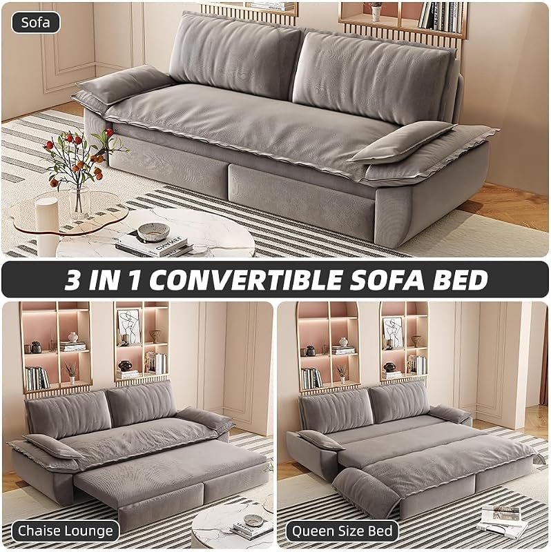 73.2" Queen Sleeper Sofa Bed, 3-in-1 Convertible Pull Out Couch with Deep Seat, Soft Velvet Cloud Sofa, Reclining Chaise Lounge for Apartment, Living Room, Guest Room, Studio and Small Spaces image 3