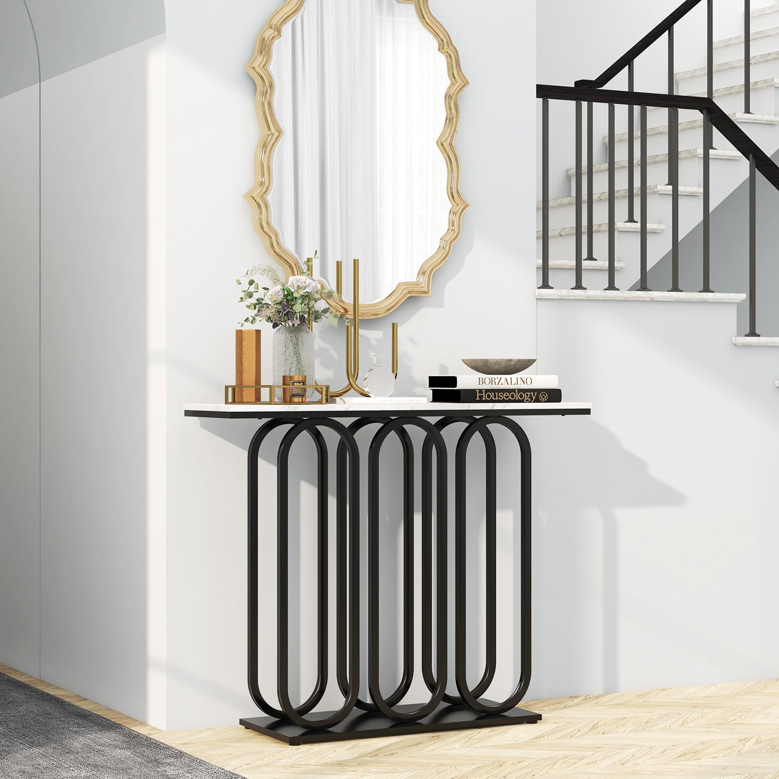 Table console GIANTEX - Console moderne en métal avec aspect marbre - 100 x 30 x 80 cm - Blanc Marbre + Noir