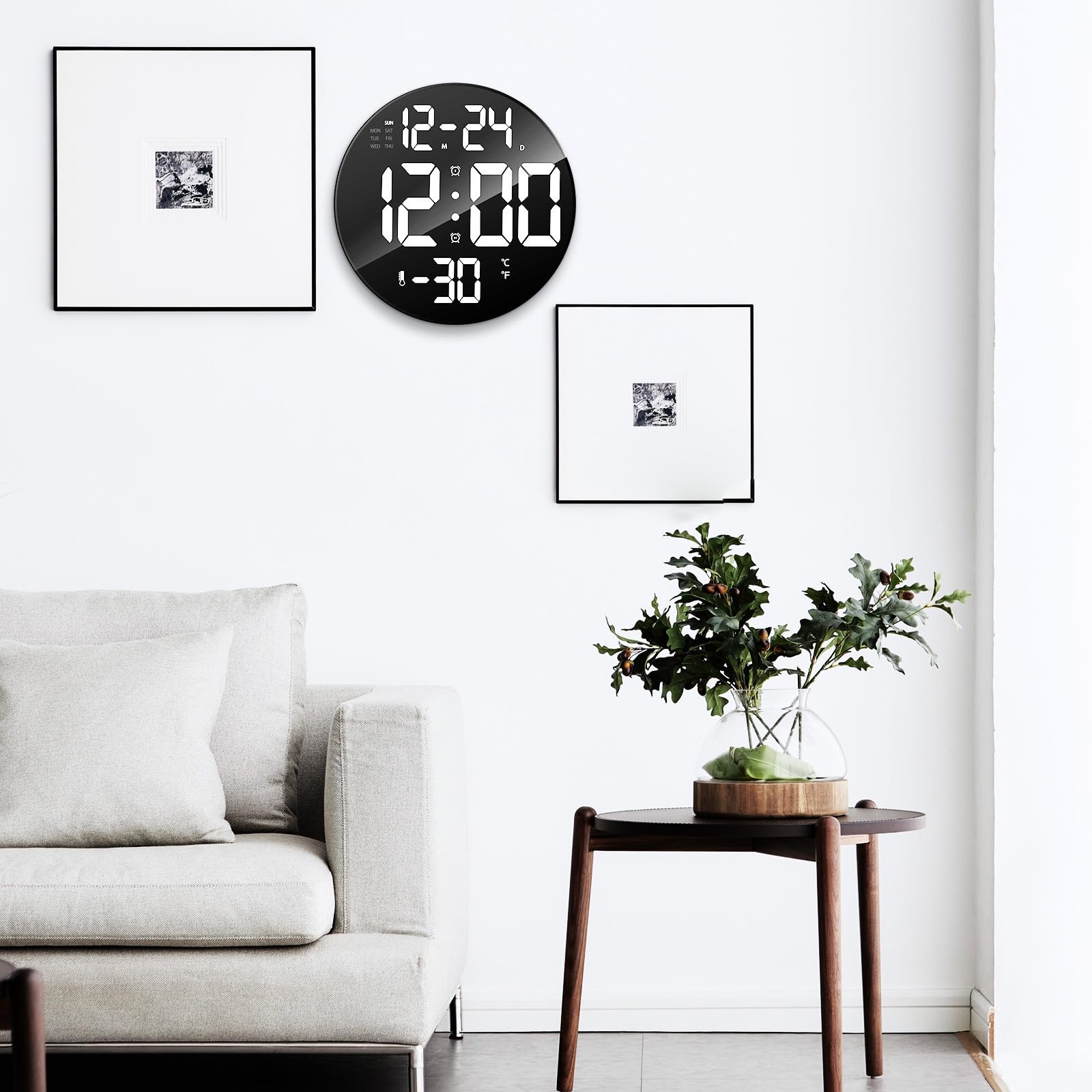 UPKOCH LED Digitale Wanduhr Rund aus Kunststoff mit Fernbedienung und Abnehmbarem Ständer Große Anzeige Duale Platzierung für Schlafzimmer und Wohnzimmer