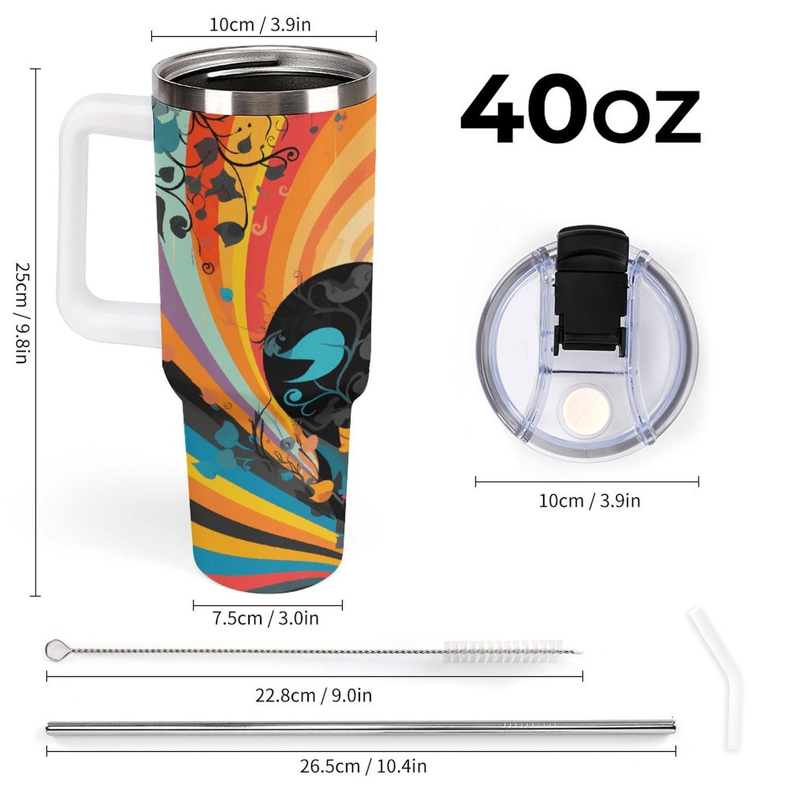 Tazza da caffè da viaggio in vetro colorato fantasia riutilizzabile durevole in acciaio inossidabile isolato con manico e cannuccia resistente alle perdite, tazza termica portatile, regalo per
