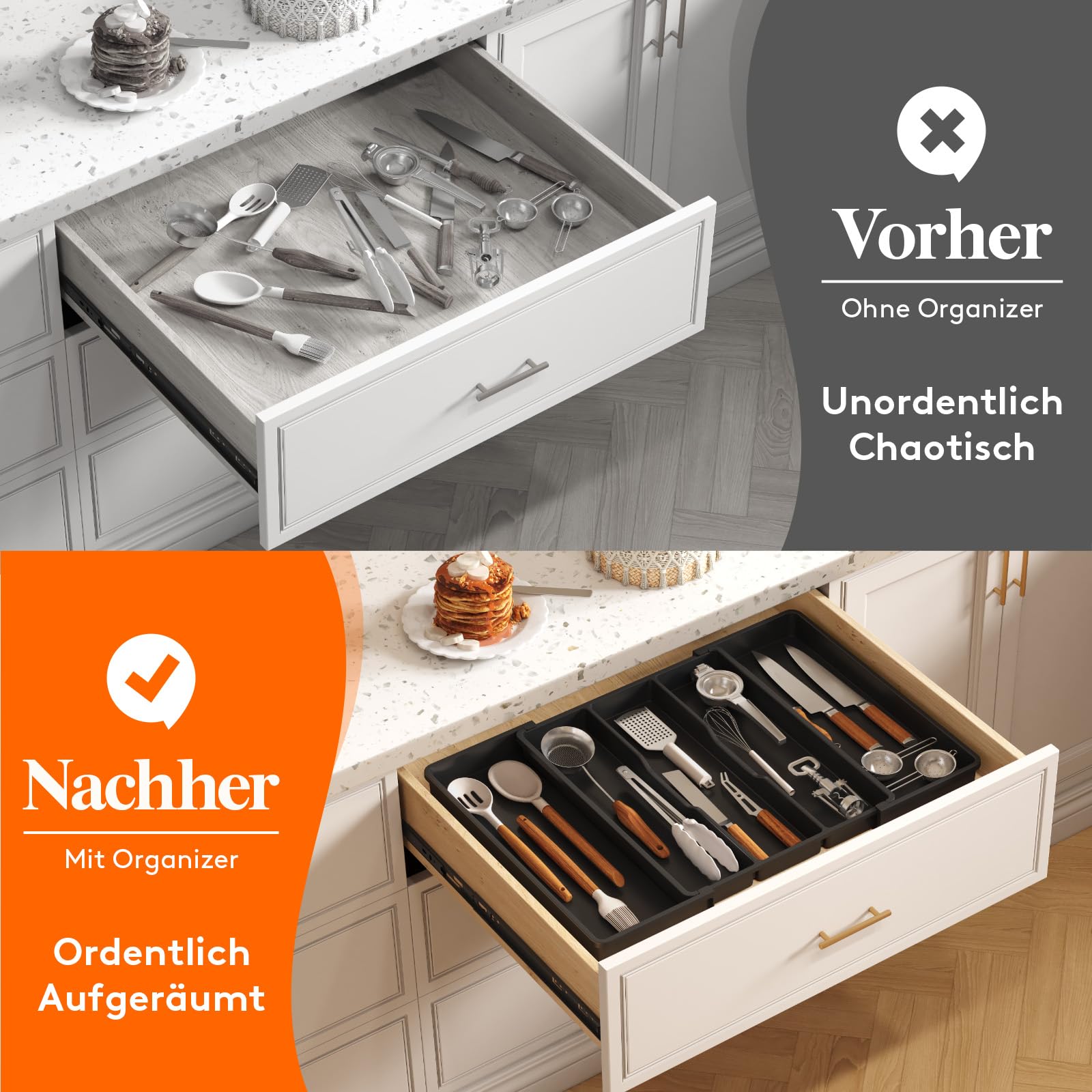 Lifewit Besteckkasten für Schubladen, Großer Utensilienständer Erweiterbar auf 69 cm, verstellbarer Kunststoff Organizer Küche Tiefe 47 cm, Besteckeinsatz für Messer/Gabel, Schwarz