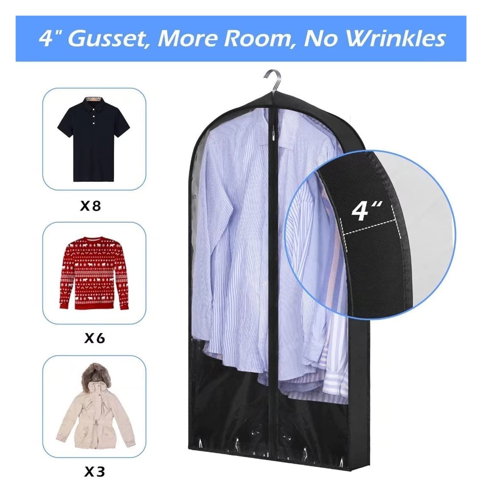 Kleidersäcke mit großem Fassungsvermögen, Kleideraufbewahrung für Schrank, Aufbewahrung, Anzug für Anzüge, Mäntel, Hemden, Jac (Farbe: Schwarz, Größe: 60 x 100 x 10 cm), 5 Stück