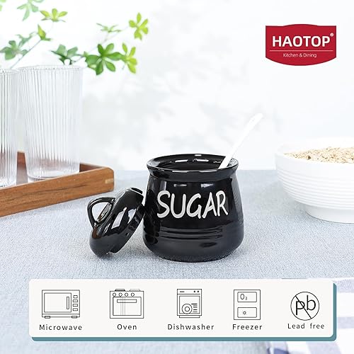 Miniatura 3 de HAOTOP Azucarero de porcelana con tapa y cuchara 12 oz (negro)