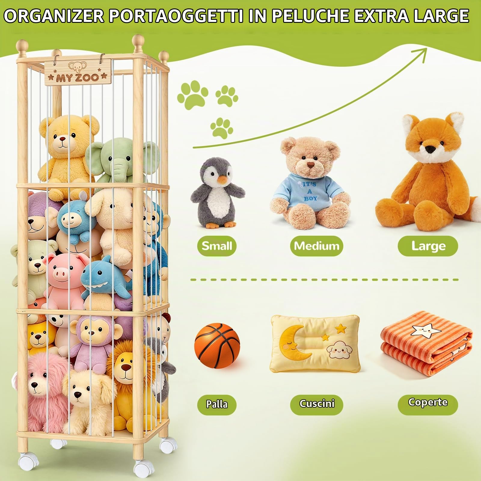 Porta Peluche Design Zoo in Legno,Organizer per Peluche con Ruote Frenate,Organizer per 𝐆𝐢𝐨𝐜𝐚𝐭𝐭𝐨𝐥𝐢 Salvaspazio con Grande Capacità,136 cm,per Cameretta 𝐁𝐚𝐦𝐛𝐢𝐧𝐢 Stanza dei 𝐆𝐢𝐨𝐜𝐡𝐢 | per riporre animali e giocattoli, 136 cm, con grande capacità, per il bagno