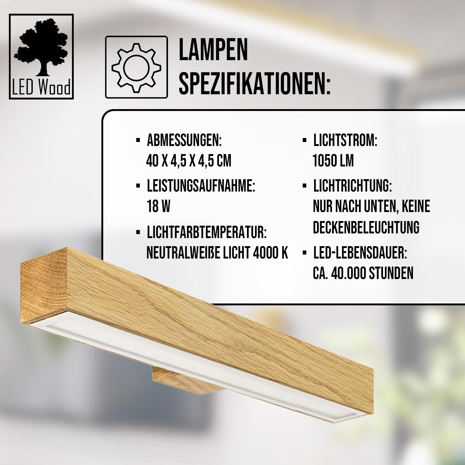LED Wood Spiegelleuchte Bad aus Eichenholz 40 cm - Handgefertigte Wandleuchte Innen Holz - Wandlampe Badezimmer, Schlafzimmer und Flur - Spiegel Lampe Wand 18 W 1050 Lm Neutralweiß Licht 4000 K