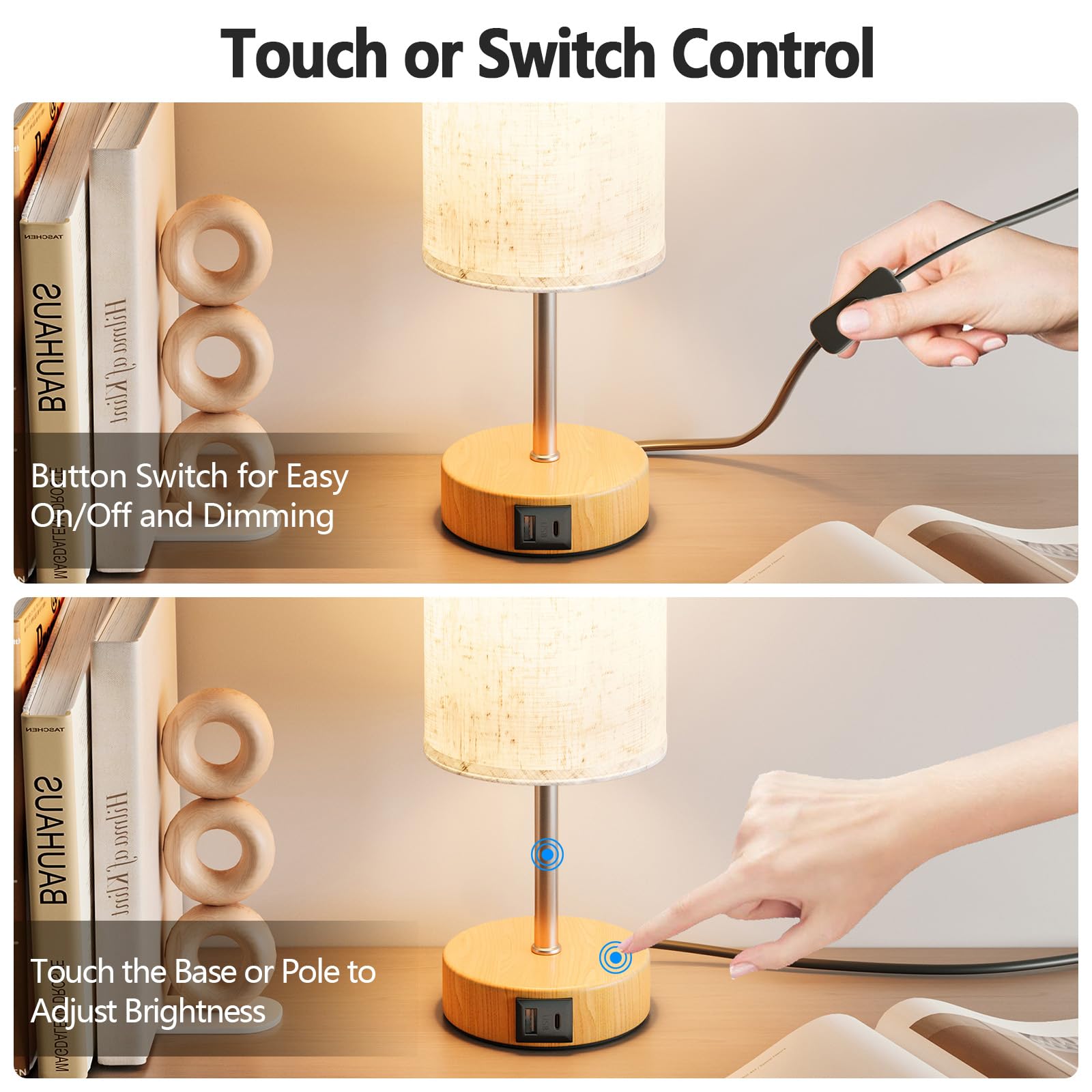 UPXNBOR Bedside Lamps, Table Lamp for Bedroom/Living Room/Study Room/Office with USB A+C Charging Ports, Reading Light - Image 3