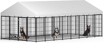 Yafylly Extra Large Dog Kennel Outside - 18.9 x 9.6 x 6.2 ft Outside Dog Kennels with Roof, Covered Dog Kennels Outdoor with Rotating Feeding Bowls, XL Dog Kennel for Extra Large Dog