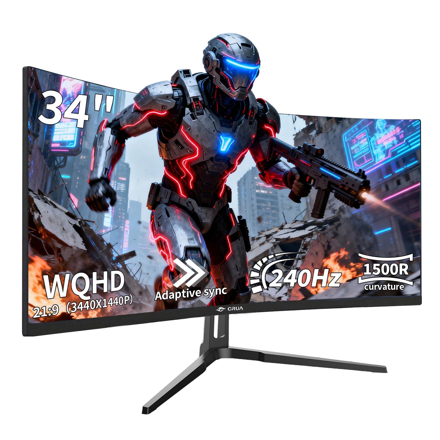 CRUA 34 Inch Curved Gaming Monitor 1500R, UltraWide WQHD 3440×1440, 240Hz 1ms, HDR10 FreeSync, Frameless PC Monitor for Gaming & Work, Eye Care, HDMI & DP, VESA 75×75mm