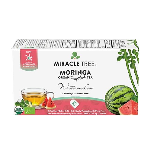 Miracle Tree - Té de Moringa Orgánico, Superalimento, 25 Bolsas de Té Selladas Individualmente, Sandía (Keto, Desintoxicación, Potenciador de