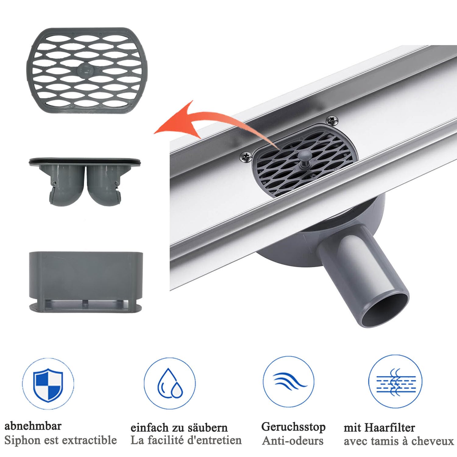 Caniveau de Douche Italienne 60cm Acier Inox Sortie 360° Siphon avec appareil désodorisant et filtre à cheveux pour Salle de Bain