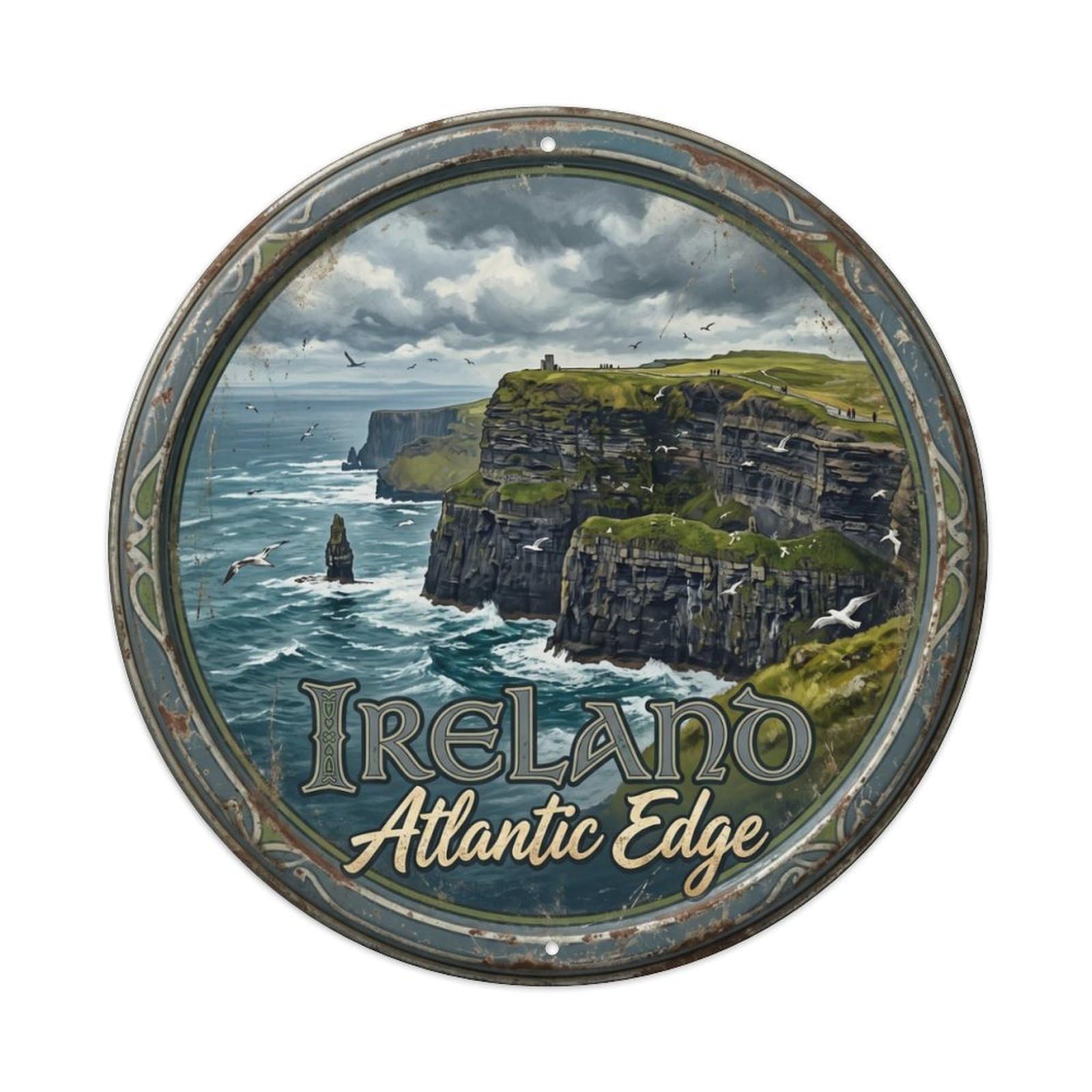 Vintage Travel Cliffs Moher Ireland Metal Tin Sign Plaque Wall Decor for Cafe, Club Bar, Office, Home Garden Round Metal Poster 8x8Inch