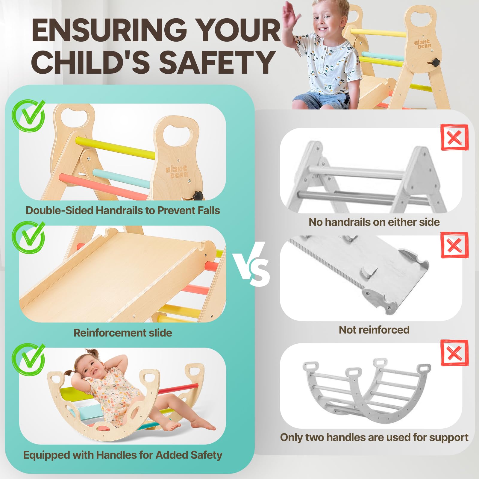 Toddler Climbing Toys 7-in-1 Pikler Triangle Set Wooden Indoor