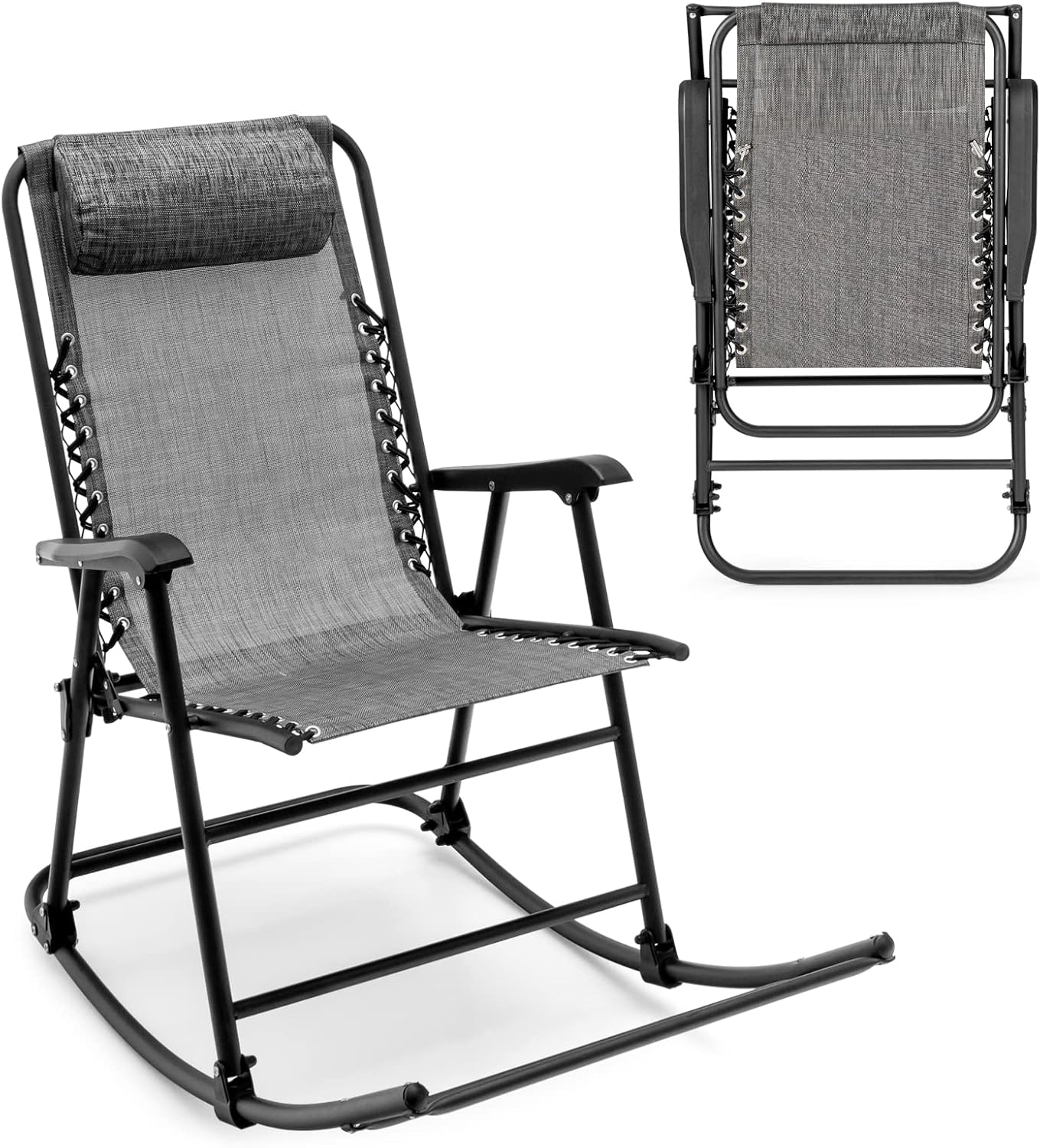 Goplus Folding Rocking Chair, Zero Gravity Rocking Camping Chair with Pillow & Armrests, Folding Lounge Rocker for Outdoor Beach Poolside Yard Garden Indoor