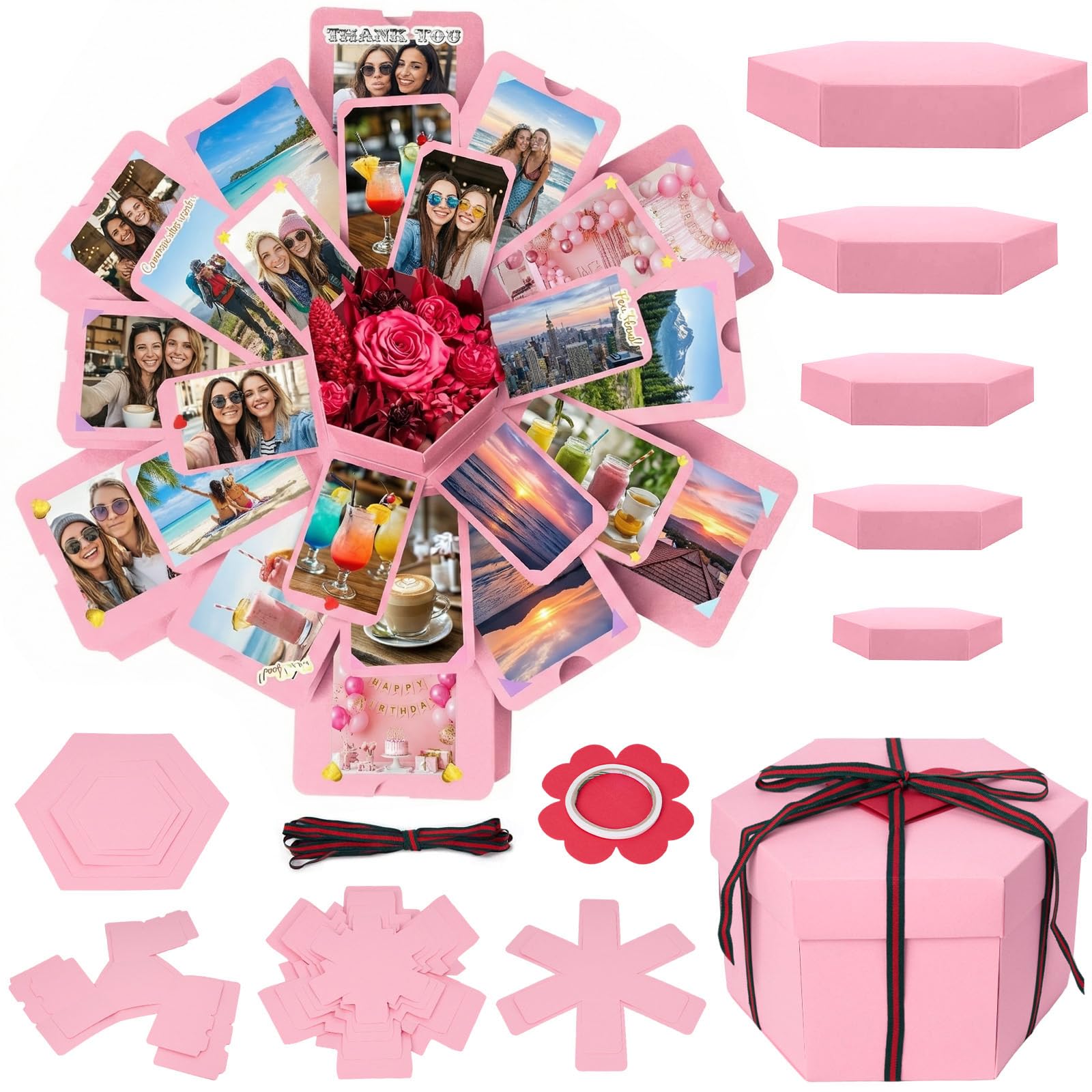 Koogel Explosion Gift Box, Surprise Picture Love Box Pink Exploding Photo Album with DIY Scrapbooking Accessories for Birthday Wedding