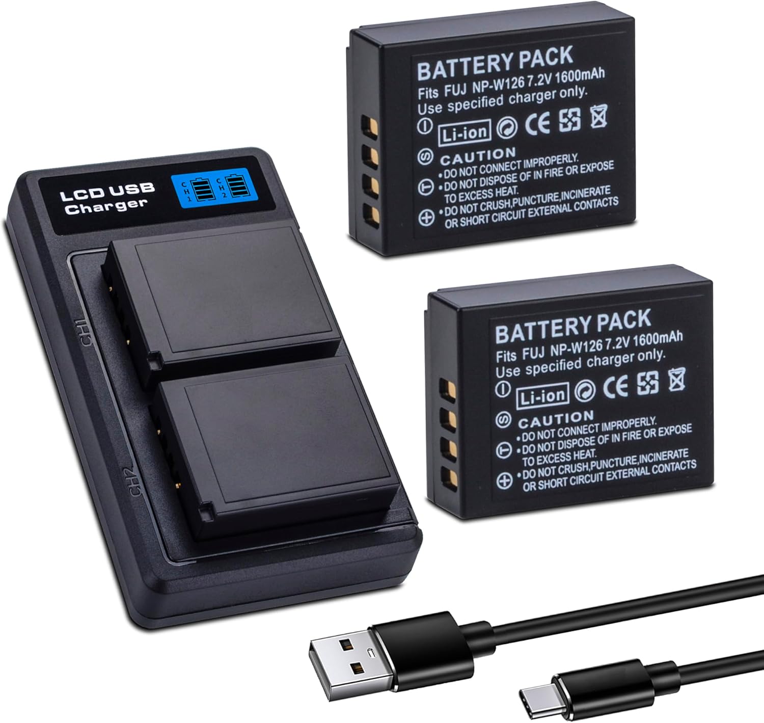 2-Pack 1600mAh NP-W126 NP-W126S Battery with USB-C Dual Charger for Fuji X100F, X100V, X100VI, X100VI, X-S10, X-A5, X-A10, X-E4, X-Pro2, X-Pro3, X-T1, X-T2, X-T3, X-T10, X-T20, X-T30 II, X-T100