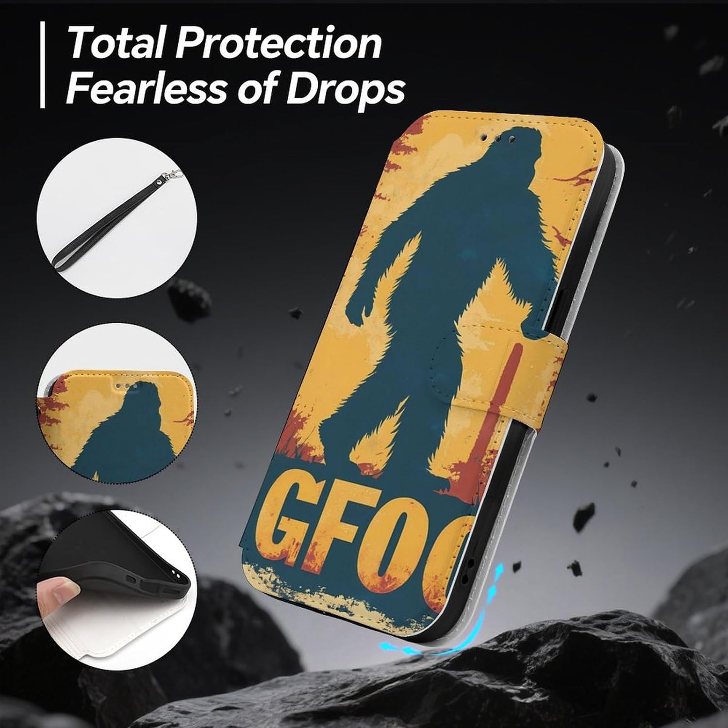 Vintage Bigfoot Woods Compatible with iPhone 16/16 Plus/16 Pro/16 Pro Max/16 E Case Phone Wallet Card Holder Flip Cover with Wrist Strap