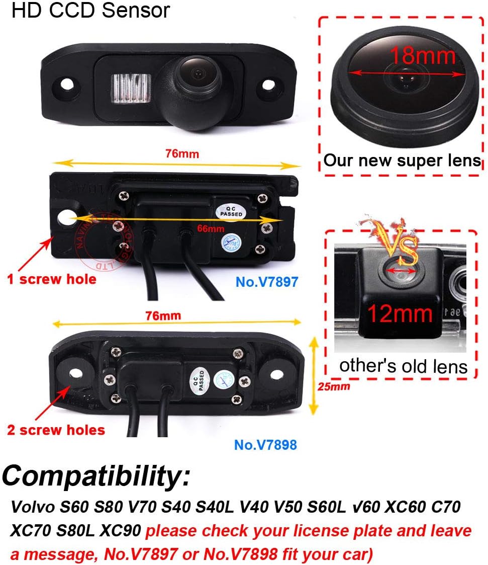 HD IP68 1280Pixels Auto 170° License Plate Light Rear View Reversing Backup Parking Camera Compatible with Volvo S80 SI40 XC60 S40 C70 S80L S40L S80 S60L S40L XC90 S80L S60 S40L V40 V50 (NO.V7898)