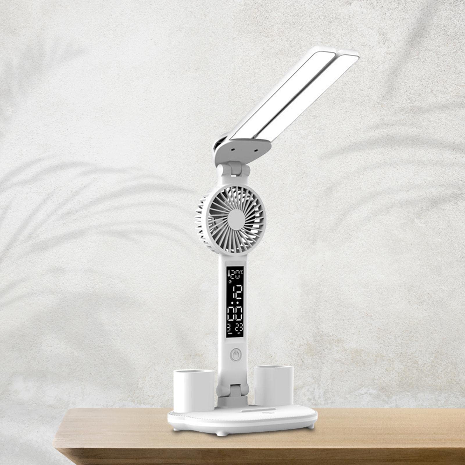 Sharplace Tischlampe LED-Schreibtischlampe mit Lüfter, Uhr-/Datums-/Temperaturanzeige, Stifthalter 3 Beleuchtungsmodi Augenschutz-Leselampe für, Einstecken