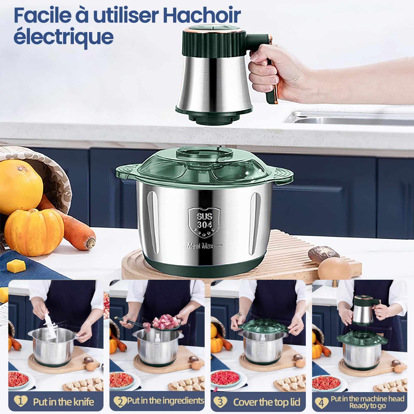 Hachoir Électrique Avec Bol Acier Inox 5L, 500W, 5 Niveaux de Vitesse, 6 Lames Amovibles, Mixeur Hachoir pour Légumes Hacher Viande (Vert)