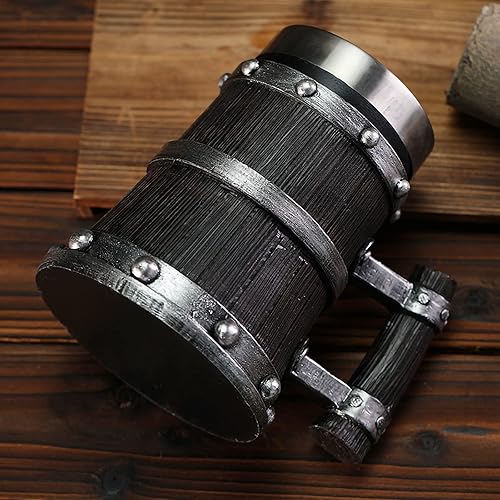 Miniatura 4 de Viking - Jarra de barril de madera creativa pintada a mano, jarra de cerveza de resina pintada a mano, 304 SS Liner, copa de vino, taza de café