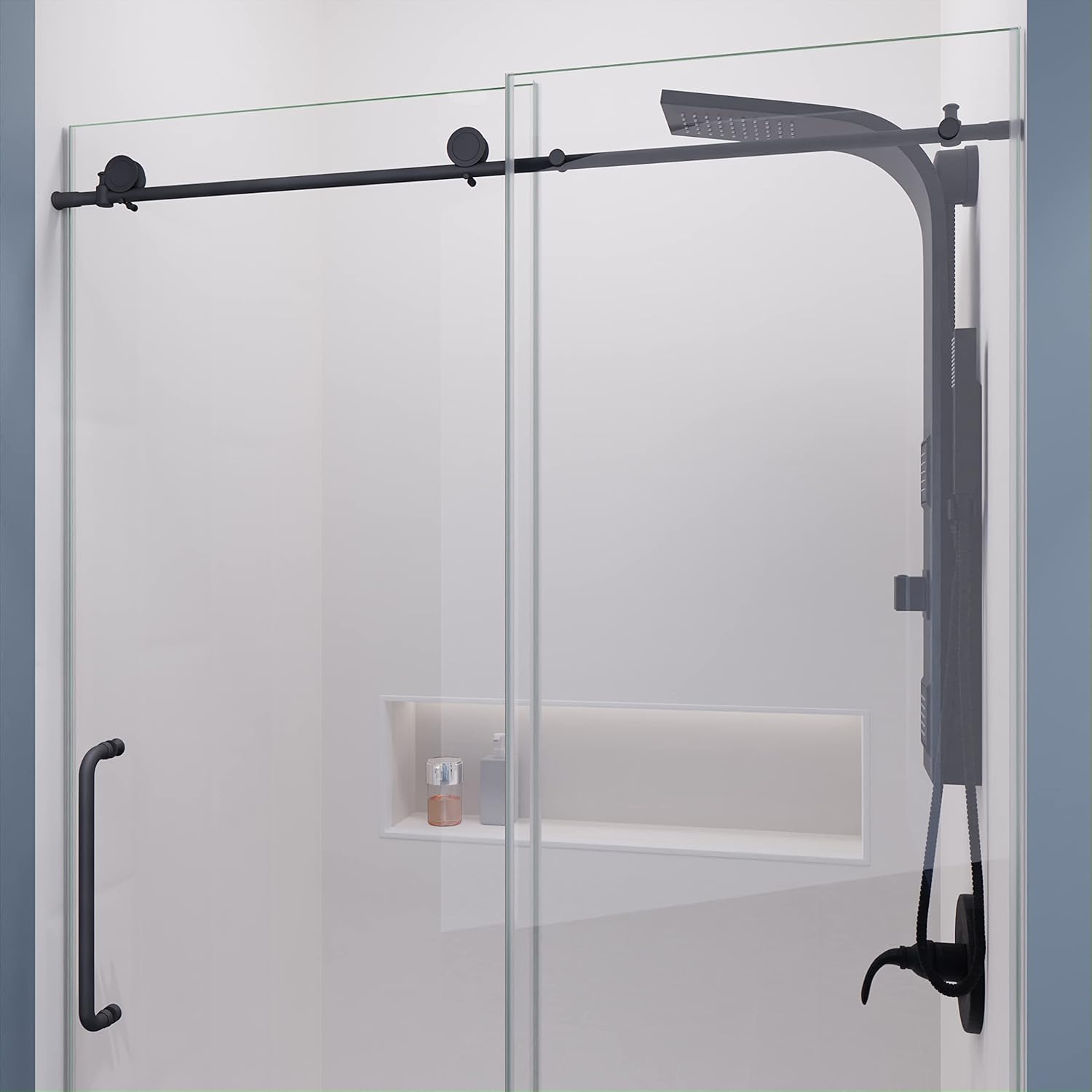 ANZZI 76 x 48 inch Frameless Shower Door in Gun Metal Black, Madam Water Repellent Glass with Seal Strip, Easy Glide Sliding Shower Door Parts Rollers, SD-AZ13-01GB