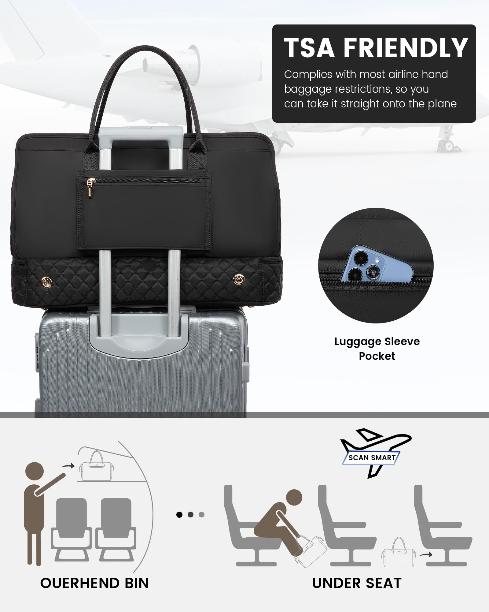 LOVEVOOK Weekender Bags for Women Travel Duffle Bag with Shoe Compartment, Carry on Overnight Bag 3 Pcs Set, Gym Duffel Bag with Wet Pocket, Mom Hospital Bags for Labor and Delivery, Black