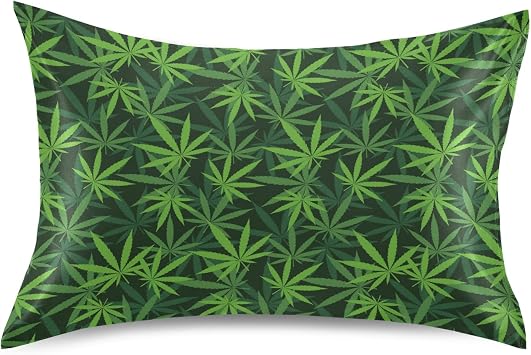 Satin Pillowcase for Hair and Skin, Green Weed Leaves Print Silk Pillow Case with Envelope Closure 20x26 inches, 1 PC