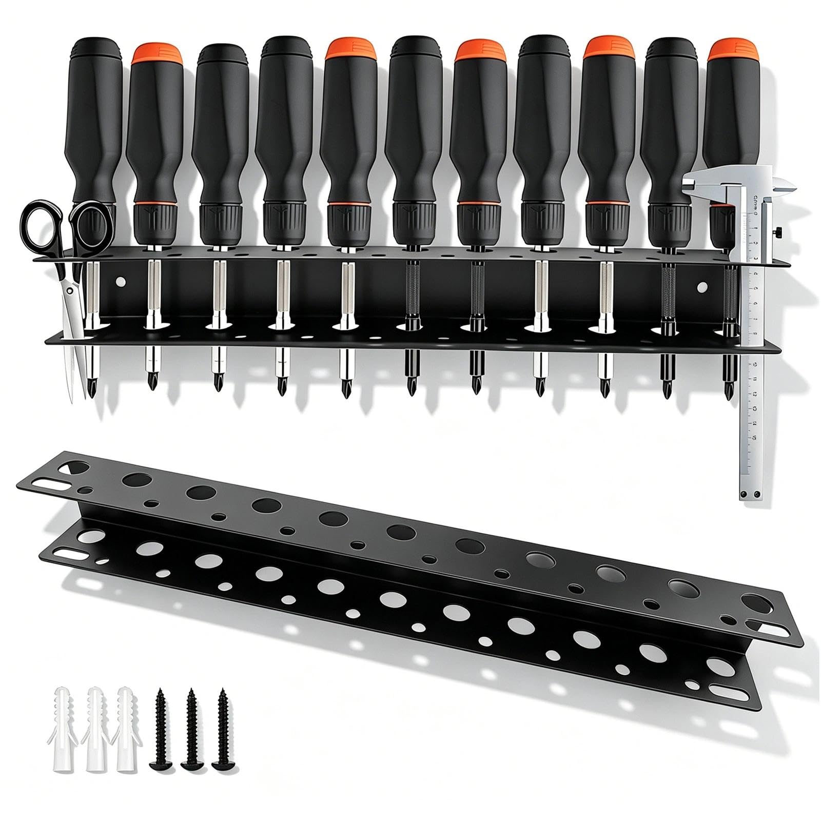 Soporte para destornilladores 40 cm reforzado 1,5 mm con 21 orificios y 2 ranuras para calibrador – Portaherramientas de pared para garaje taller o casa