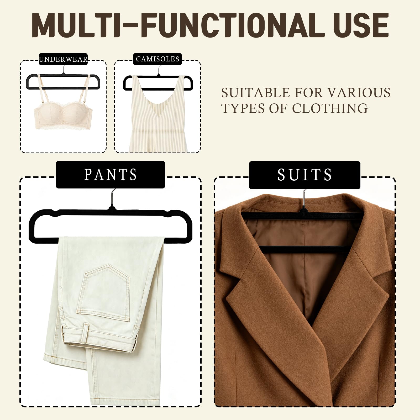 Grucce antiscivolo per pantaloni, confezione da 20 grucce in velluto per armadio, sottili e salvaspazio, resistenti, resistenti, con gancio girevole a 360 gradi, per reggiseni, pantaloncini (nero)