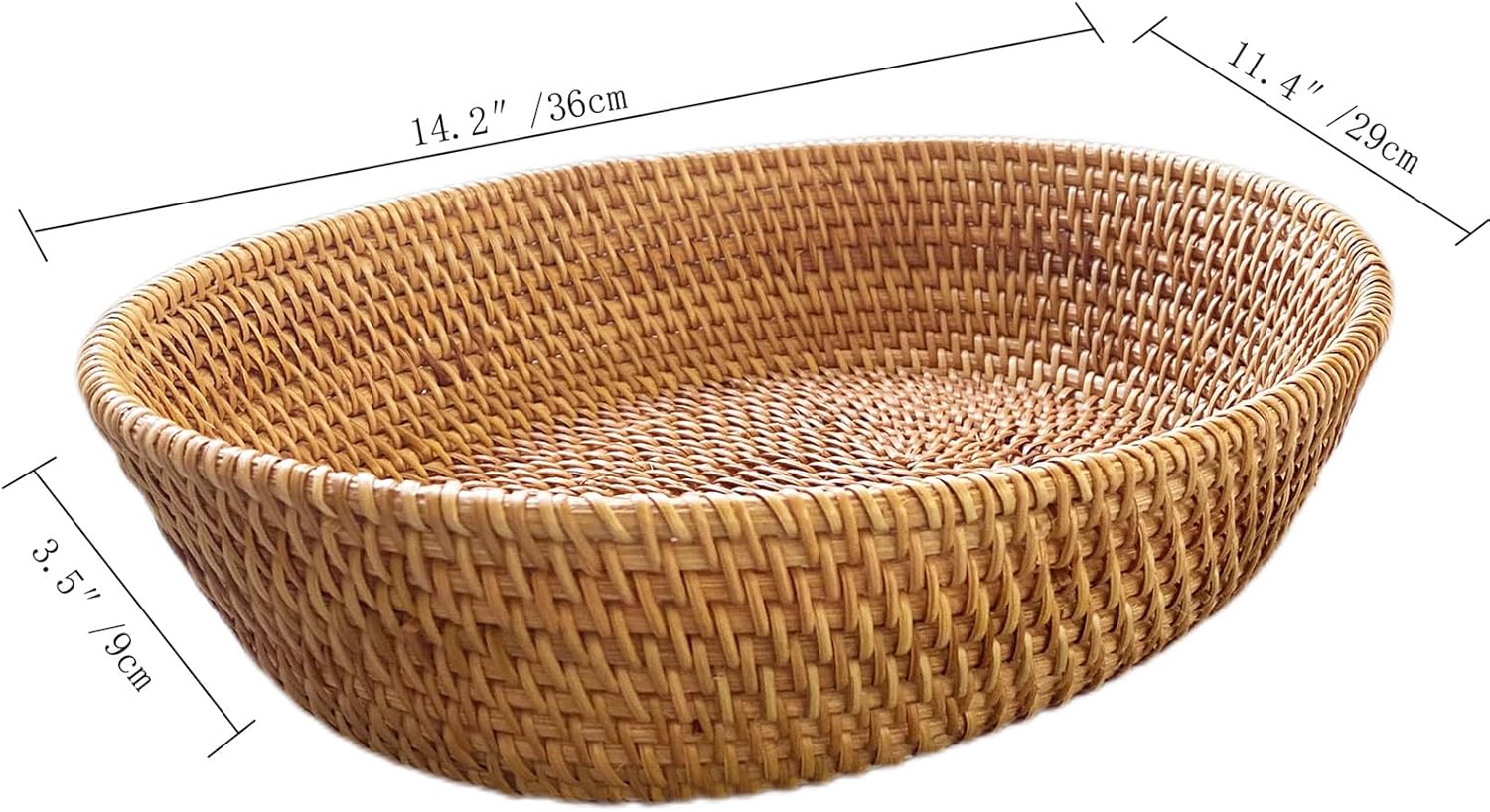 Large 14inch Oval Rattan Fruit Serving Basket,Wicker High Wall Fruit Vegetable Serving Basket Bowl,Large Rattan Dining Table Bowl for Various Things,Bread,Snack,Odds and Ends,Natural Brown