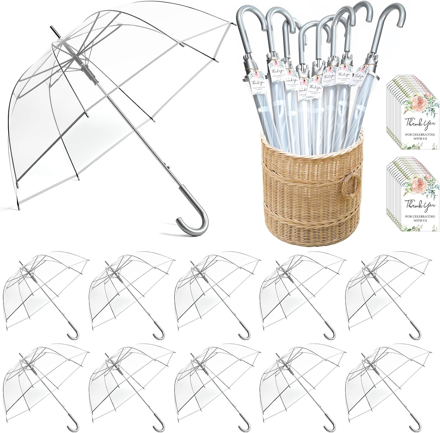 12 Pcs Wedding Favors for Guest Umbrella Gifts Bulk 52 Inch Large Dome Rain Windproof Stick Umbrellas with Thank You Tags and Rope Guest Souvenirs for Wedding Party Bridal Favors Silver