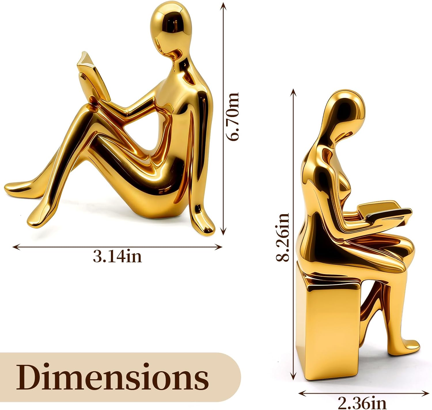 Decorative Bookends Set, Ceramic Book Ends for Shelves, Home Office Aesthetic Book Stopper, Reading Book Holder Statues for Bookshelf Bedroom Living Room Decor (Gold)