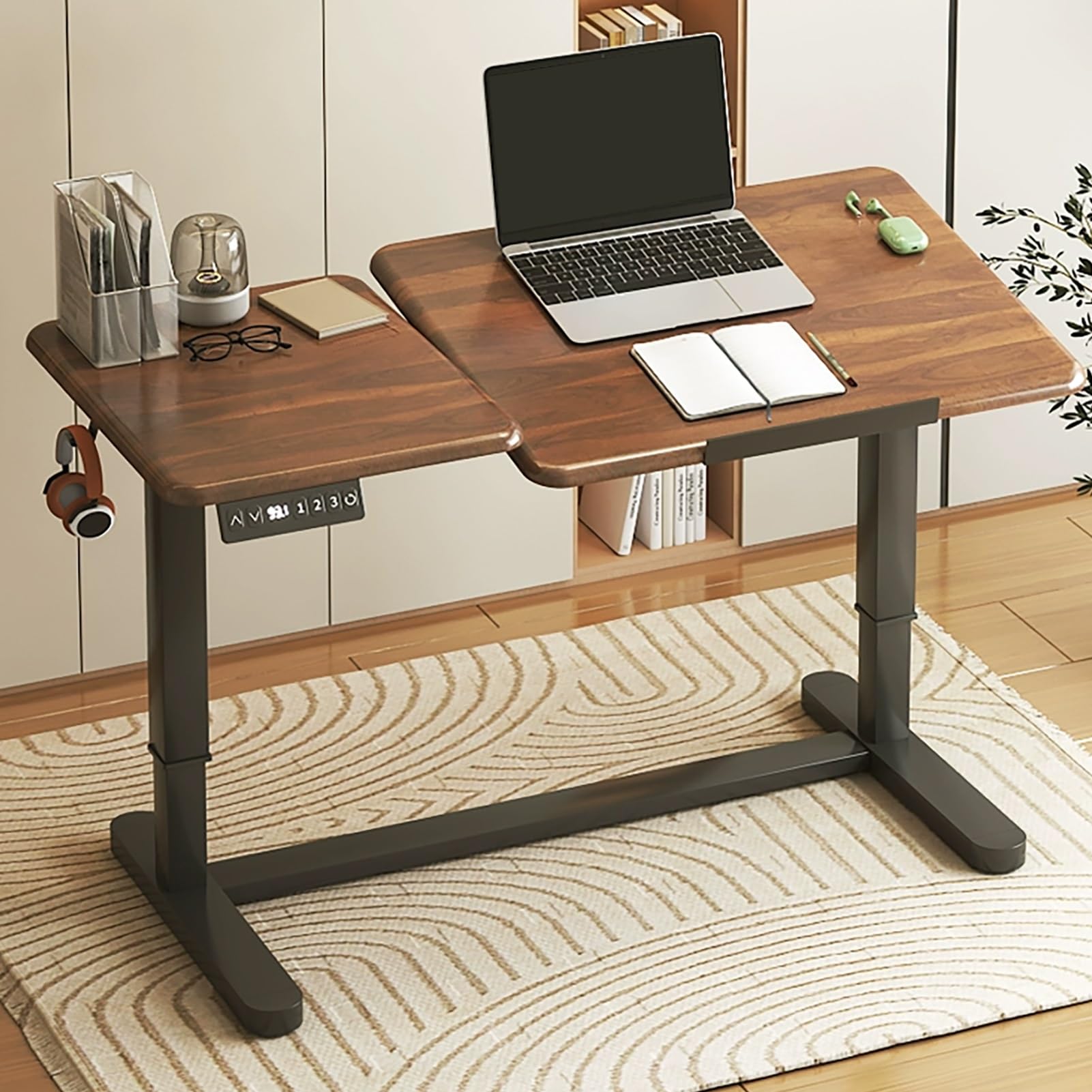 MYUYEE Standing Desk, Adjustable Sit Stand Desk, Computer Desk With Tiltable Tabletop, 3 Memory Height Settings, Home Office Desk With Wheels, Headphone Hook