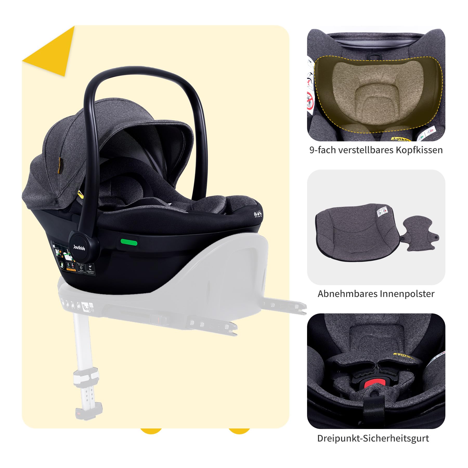 Jovikids Babyschale, Stufenlos verstellbare Liegeposition, Gruppe 0/0+ (40-87 cm) Baby Autositz mit Sonnendach, 3-Punkt-Sicherheitsgurt Seitenschutz (Babyschale Only)