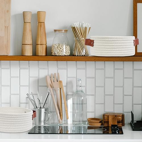 Miniatura 4 de ABenkle Cesta de almacenamiento pequeña, mini cubo de almacenamiento de cuerda de algodón, lindas cestas pequeñas para estantes, organizador de