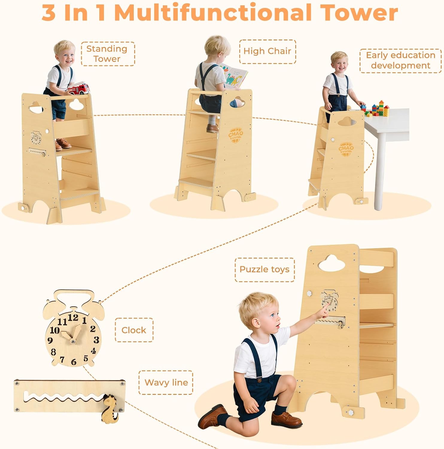 Toddler Tower, Wooden Learning Tower for Kids 1-3, Montessori Kitchen Helper Stool for Toddlers, Sturdy Standing Tower with Safety Rail for Kitchen Counter & Bathroom Sink, Natural Wood