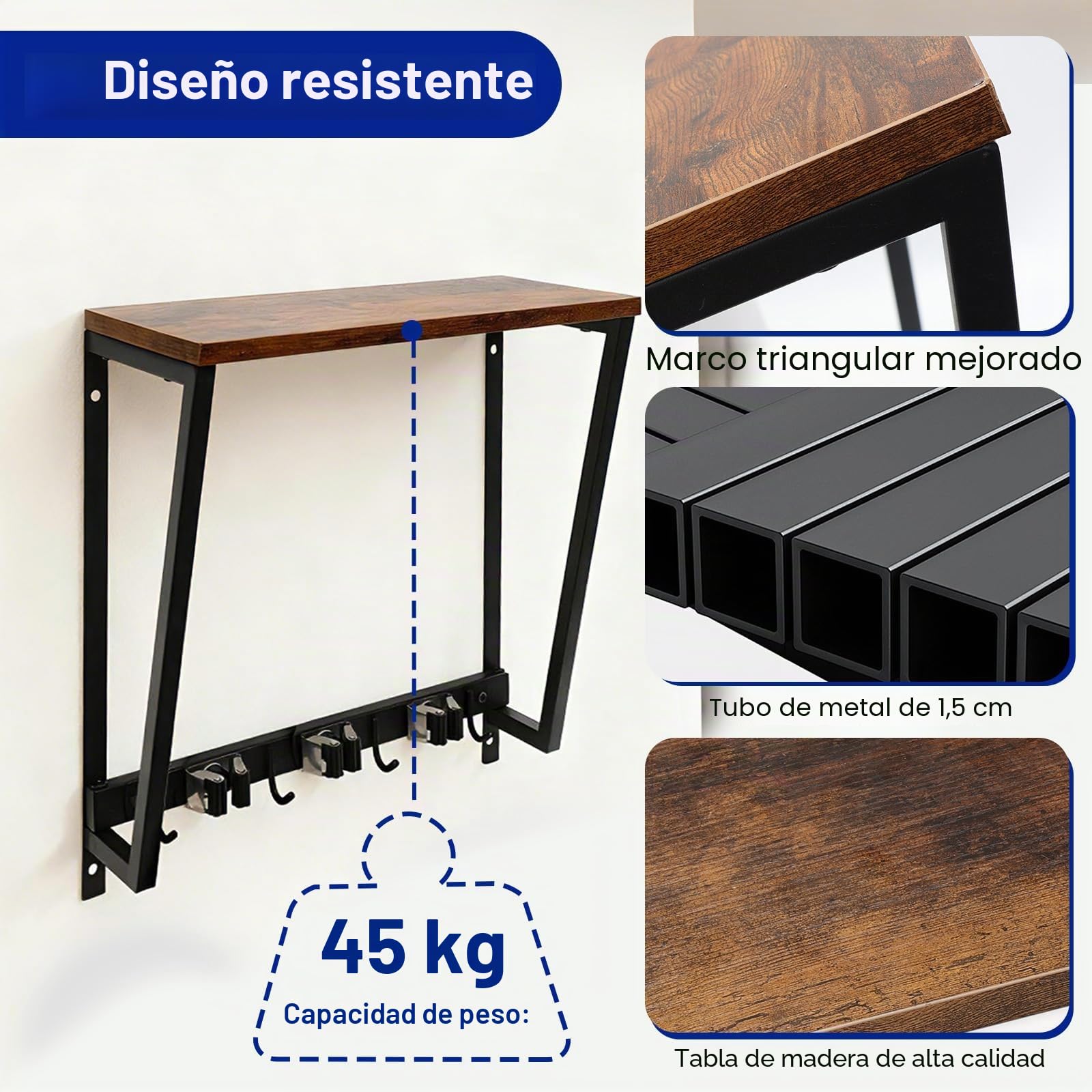 Colgador Escobas y Fregonas con Estantes de Pared con 3 Soporte, 4 Crochets, Organización y Almacenamiento para Cocina, Baño, Garaje y Jardín, Soporte Herramientas de Acero Inoxidable y Madera