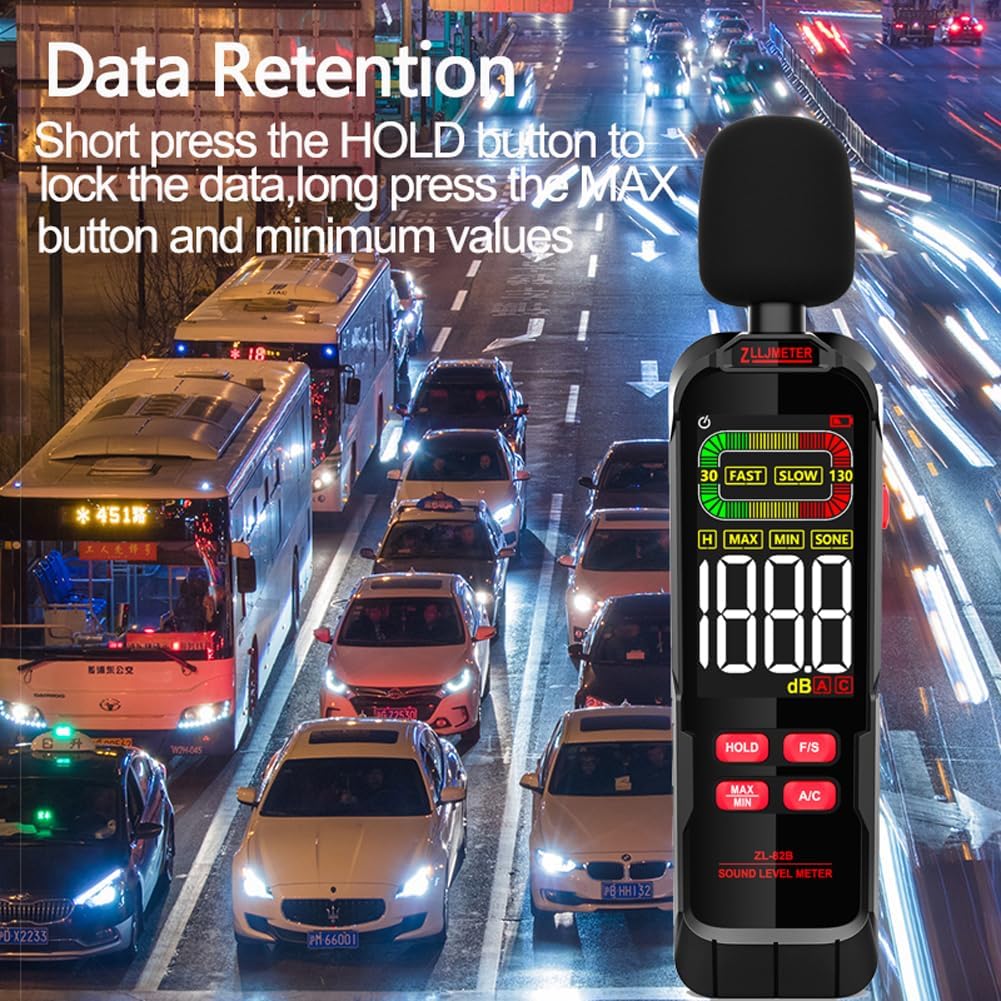 Noise Decibel Meter 30-130dB Digital Noise Meter Handheld Digital Sound Level Meter LCD Backlit Display with Analogue Bar Display Data Hold Auto Shutdown and Under Voltage Indication