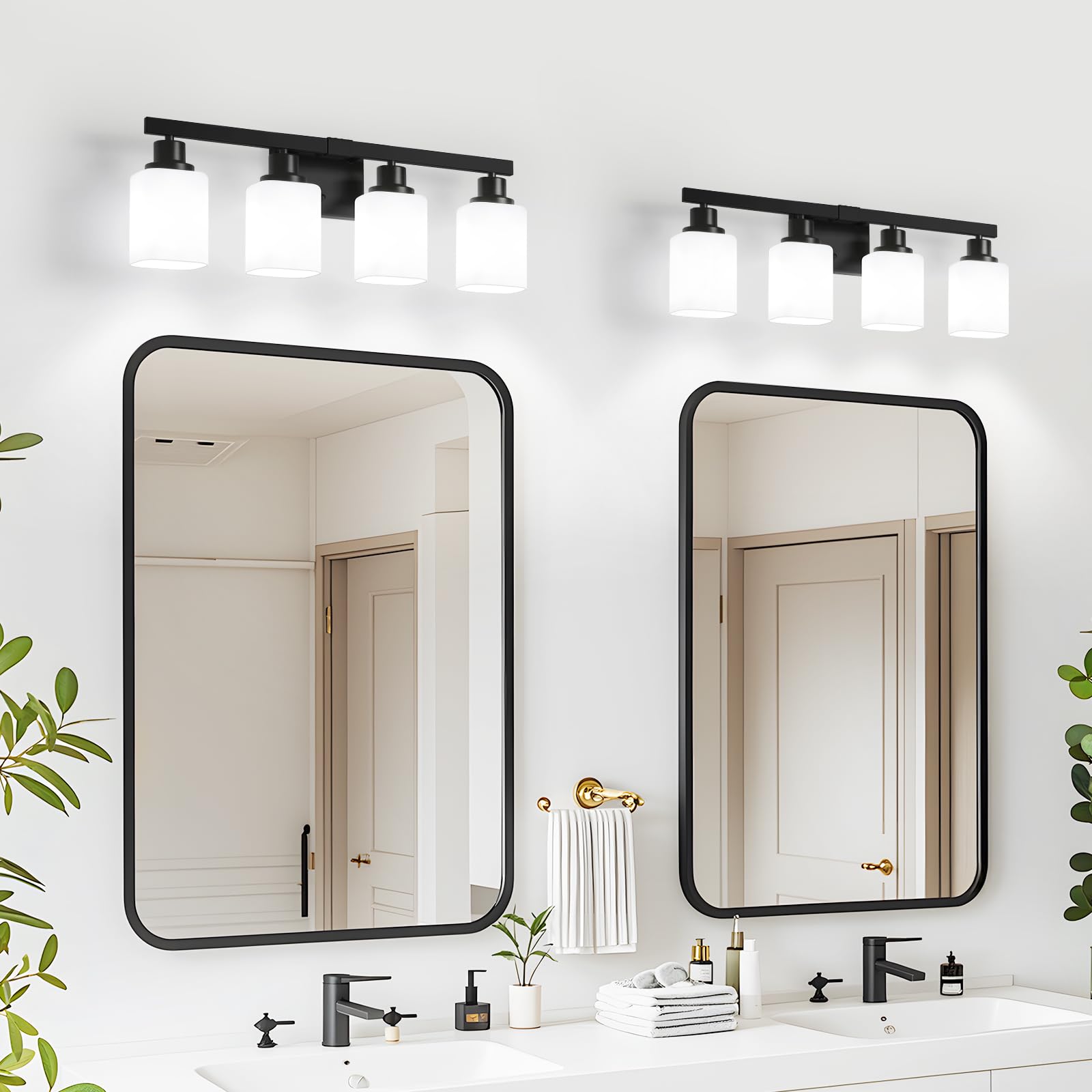 4-Light Bathroom Vanity Light Modern Matte Black Bathroom Light Fixtures with Square Frosted Glass Wall Sconces fixtures Over — view 5