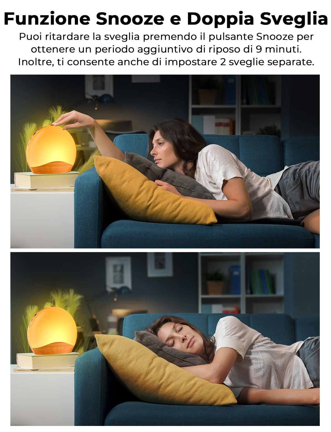 LIORQUE Sveglia Simulazione Alba, Doppia Sveglia, 20 Livelli, 9 Colori | Sveglia Comodino, Rumore Bianco, Luce Notturna, Modalità Weekend, Snooze, 22 Suoni, FM/Bluetooth, 5W USB
