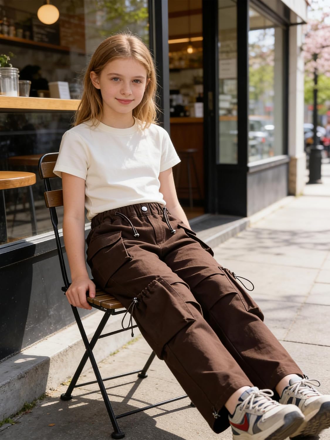 SANGTREE Girls' Cargo Pants Multi-Pocket Vintage Streetwear Hip Hop Trousers,6-14 Years