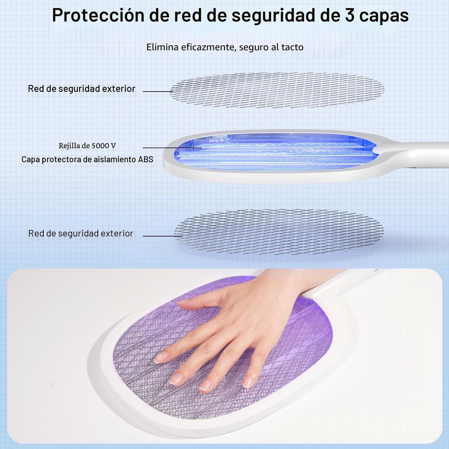 5000V Raqueta Matamoscas Eléctrica, 2 en 1 1800mAh Mata Mosquitos Electrico USB Recargable, Raqueta eléctrica con Luz Ultravioleta para Matar Mosquitos