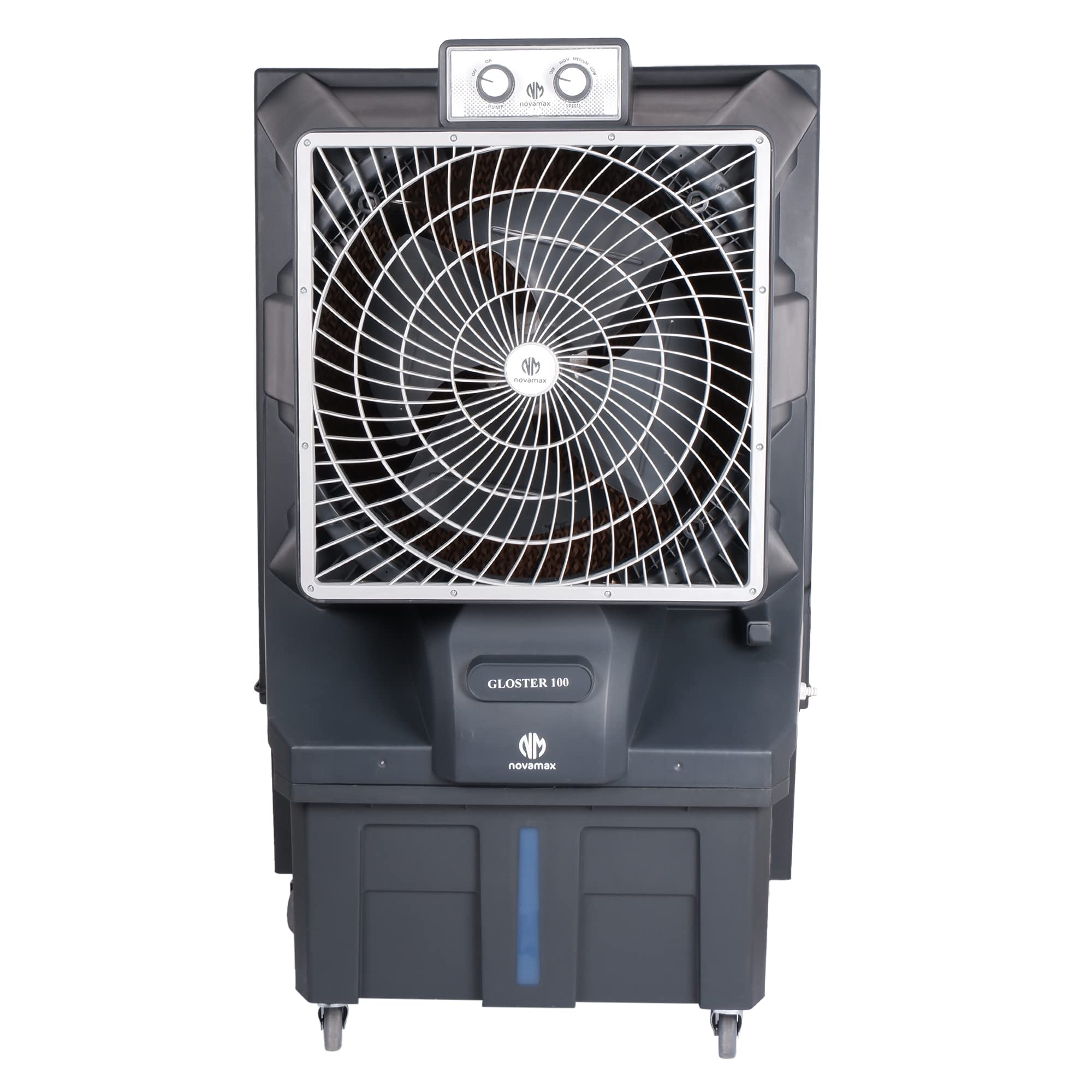 Novamax Gloster 100 L Heavy Duty Desert Air Cooler With 100% Copper Motor, High-Density Honeycomb Cooling Pads, Powerful Air Throw & 3-Speed Control With Auto Water Refill Technology (Grey)