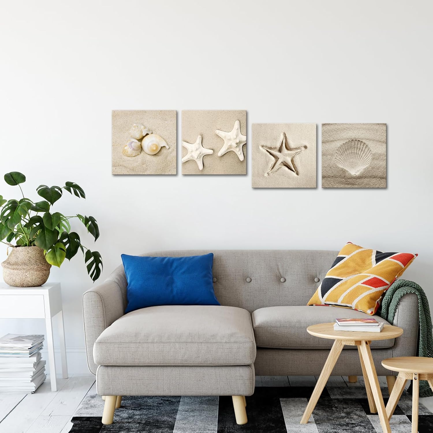 Canvbay Coastal Seashells Canvas Wall Art Conch Shell on Beach Sand Giclee Print Ocean Theme Starfish Picture Rustic Nautical Artwork for Bathroom Bedroom Decor Ready to Hang 12x12inchx4pcs