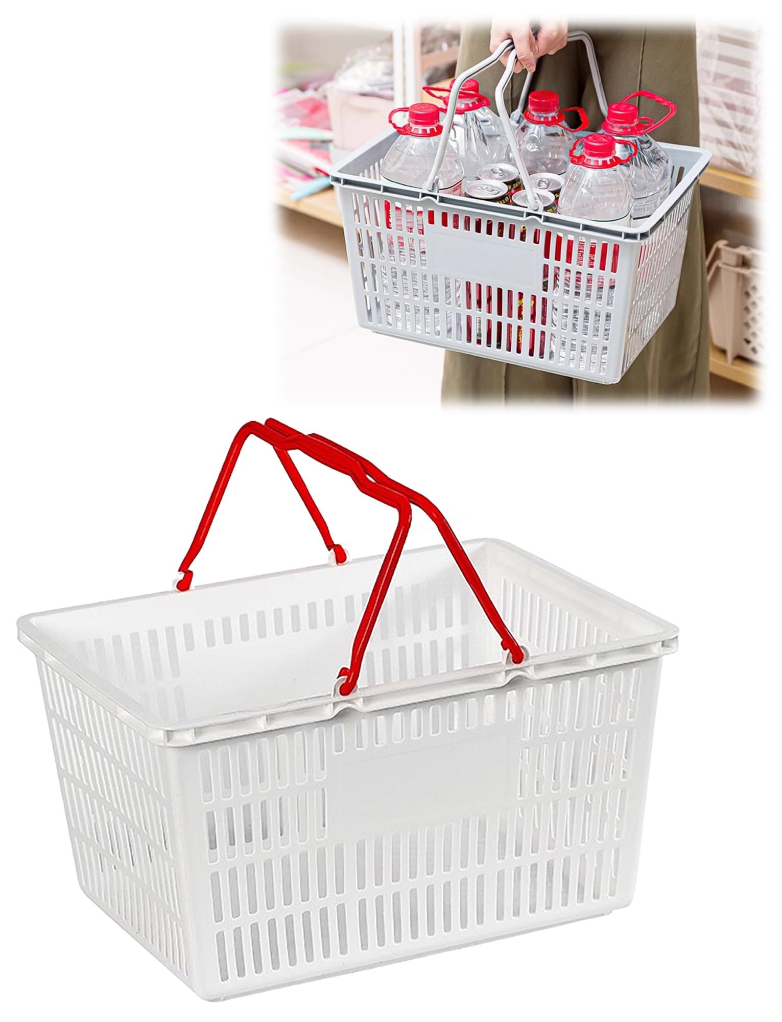 Plastikowe kosze spożywcze – 5-pak trwałych koszy na zakupy z uchwytami, 40 x 28 x 21 cm, idealne do sklepów detalicznych i użytku na rynku